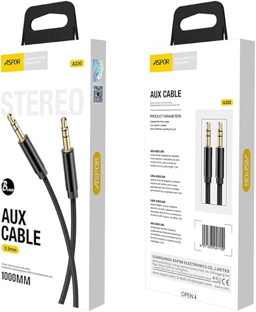ASPOR A230 AUX 3.5MM Cable Nylon Line+ Metal Case 1M - Black, USB ASPOR A230 AUX 3.5MM Cable Nylon Line+ Metal Case 1M - Black, USB